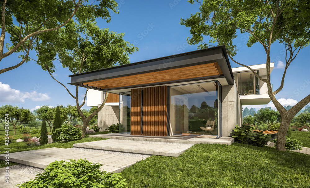 3d rendering of modern cozy house on the hill with garage and pool for sale or rent with beautiful landscaping on background. Clear sunny summer day with blue sky. 3d rendering of modern cozy house on the hill with garage and pool for sale or rent with beautiful landscaping on background. Clear sunny summer day with blue sky.