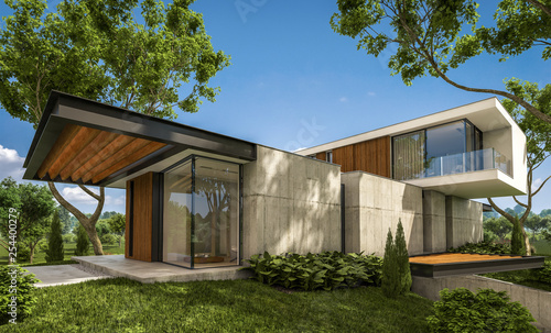 3d rendering of modern cozy house on the hill with garage and pool for sale or rent with beautiful landscaping on background. Clear sunny summer day with blue sky. © korisbo