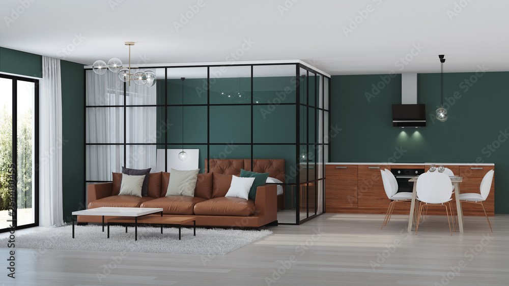 Fototapeta premium Modern house interior. Bedroom with glass partitions. 3D rendering.