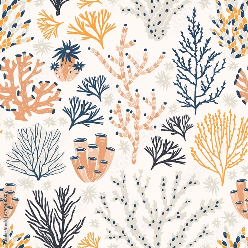 Seamless pattern with corals and seaweed or algae on white background. Backdr...