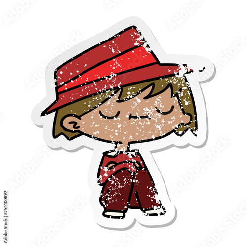 distressed sticker cartoon of a cute kawaii person