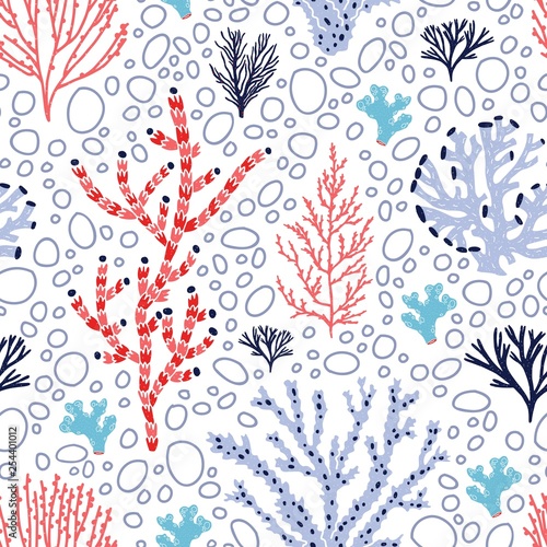 Seamless pattern with red and blue corals and seaweed on white background. Backdrop with tropical aquatic species, sea biodiversity. Flat colorful vector illustration for wallpaper, fabric print.