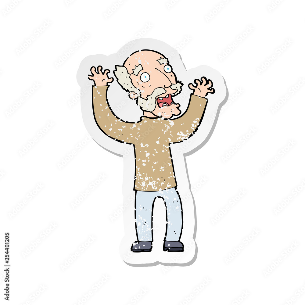 retro distressed sticker of a cartoon terrified old man