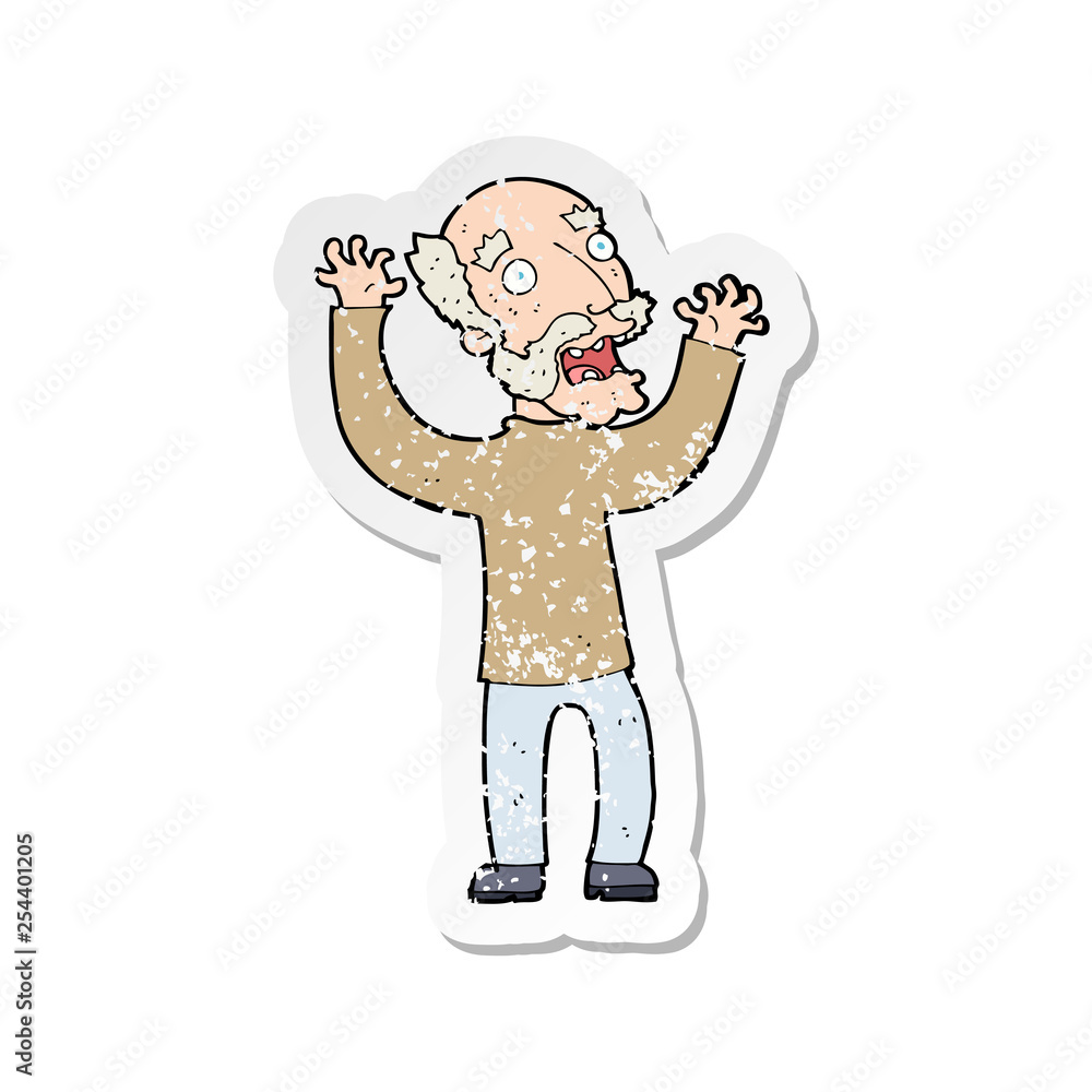 retro distressed sticker of a cartoon terrified old man retro distressed sticker of a cartoon terrified old man