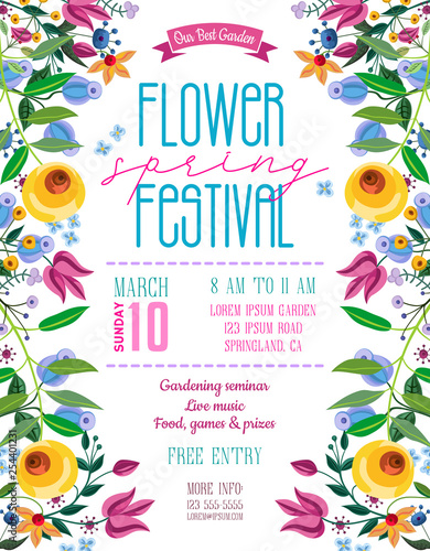 Flower spring festival announcing poster template. Garden party layout with fancy flowers in folk painting style.