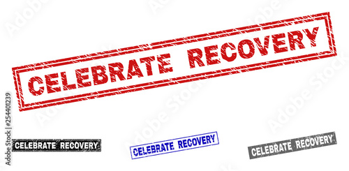 Grunge CELEBRATE RECOVERY rectangle stamp seals isolated on a white background. Rectangular seals with grunge texture in red, blue, black and gray colors.