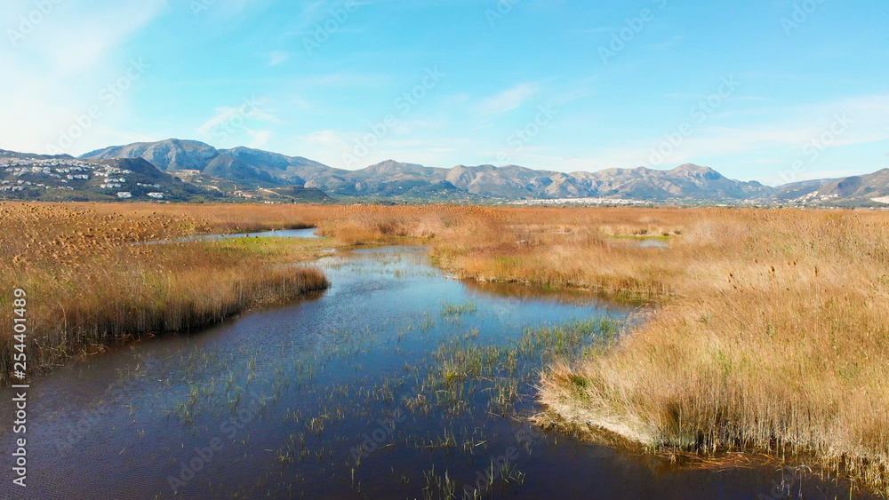 Panoramic view of the wetlands natural park La Marjal in Pego and Oliva, Spain.