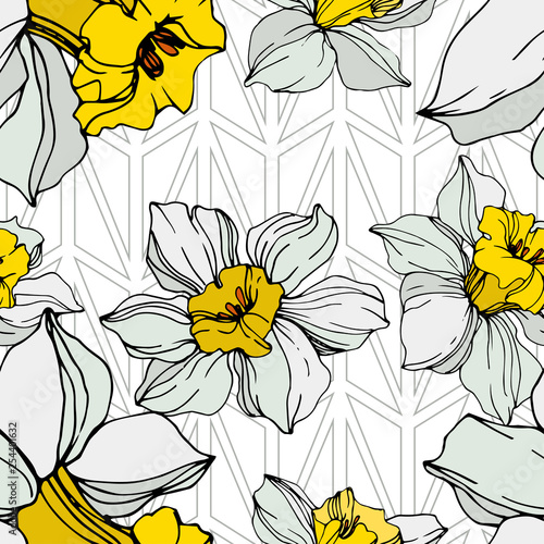 Vector White narcissus floral botanical flower. Engraved ink art. Seamless background pattern.