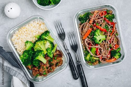 Beef and broccoli stir fry meal prep lunch box containers with rice or noodles