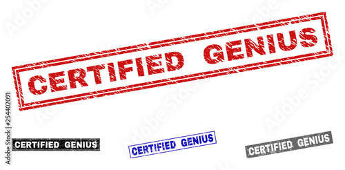 Grunge CERTIFIED GENIUS rectangle stamp seals isolated on a white background. Rectangular seals with grunge texture in red, blue, black and gray colors.