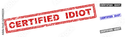Grunge CERTIFIED IDIOT rectangle stamp seals isolated on a white background. Rectangular seals with grunge texture in red, blue, black and grey colors.