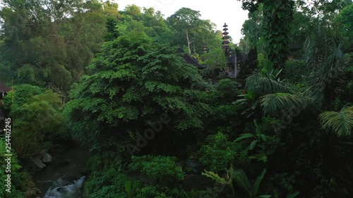 Buddhist Pura Gunung Lebah temple in Ubud tropical forest. Aerial drone 4k footage. photo