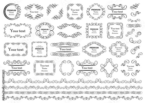 Calligraphic design elements . Decorative swirls or scrolls  vintage frames   flourishes  labels and dividers. Retro vector illustration