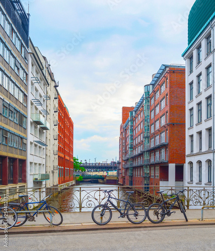 Bicycles parking by Hamburg canal