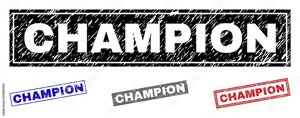 Grunge CHAMPION rectangle stamp seals isolated on a white background. Rectangular seals with grunge texture in red, blue, black and gray colors. Grunge CHAMPION rectangle stamp seals isolated on a white background. Rectangular seals with grunge texture in red, blue, black and gray colors.