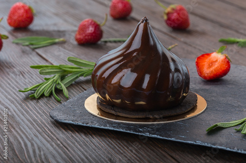 French mousse cake covered with mirror glaze