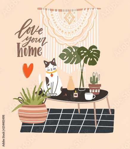 Comfy room with table, cat sitting on it, potted plants, home decorations and Love Your Home phrase written with cursive font. Cozy house decorated in Scandic hygge style. Flat vector illustration.
