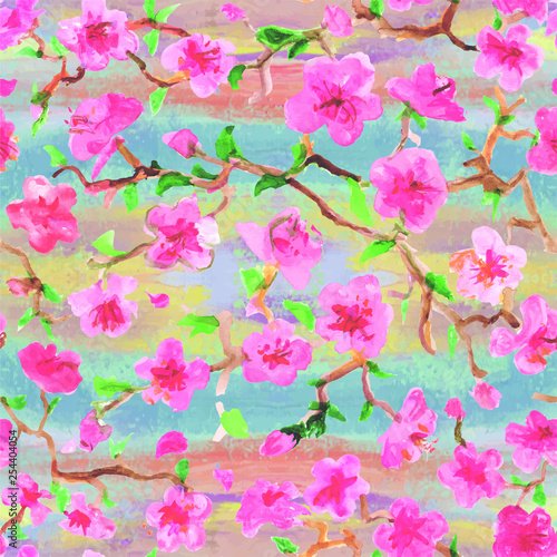 Seamless pattern. Sakura branches - watercolor  pink flowers  green leaves  brown bark - against the background of a pink and blue sky  painted in oil. Wallpaper  print for fabric and paper  postcard.