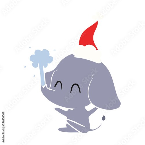 cute flat color illustration of a elephant spouting water wearing santa hat