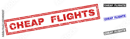 Grunge CHEAP FLIGHTS rectangle stamps isolated on a white background. Rectangular seals with grunge texture in red, blue, black and gray colors.