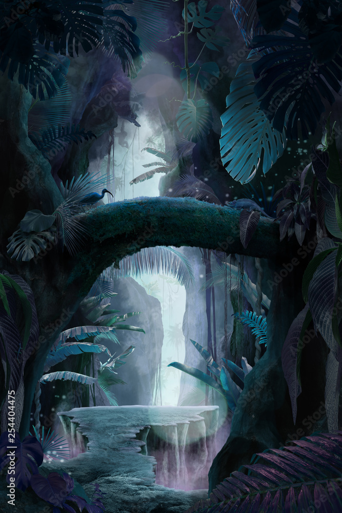 Inside a deep mystical jungle canyon at night, can be used as background, wallpaper - obrazy, fototapety, plakaty 