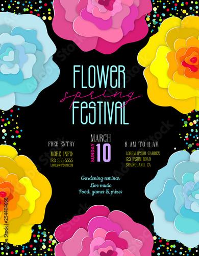 Flower spring festival creative poster template. Garden party layout with bright paper flowers.