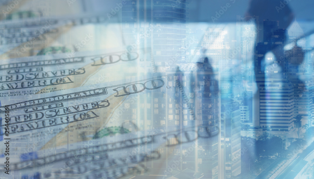 Fototapeta premium Multiple exposure with office rush hour in the city and US dollar bank notes.