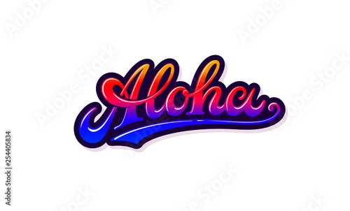 Aloha vector text and logo isolated on white background. Summer Hawaiian vintage typography, art, sign, word, emblem and icon. Vector bright Aloha illustration for print and web. Design element. EPS10