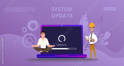Maintenance update system upgrate concept. Characters design   people update operation system, use for landing page, template,   flyer, mobile app, web, banner, poster. Computer upgrade maintenance