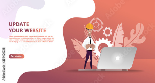 Maintenance update system upgrate concept. Characters design   people update operation system, use for landing page, template,   flyer, mobile app, web, banner, poster. Computer upgrade maintenance