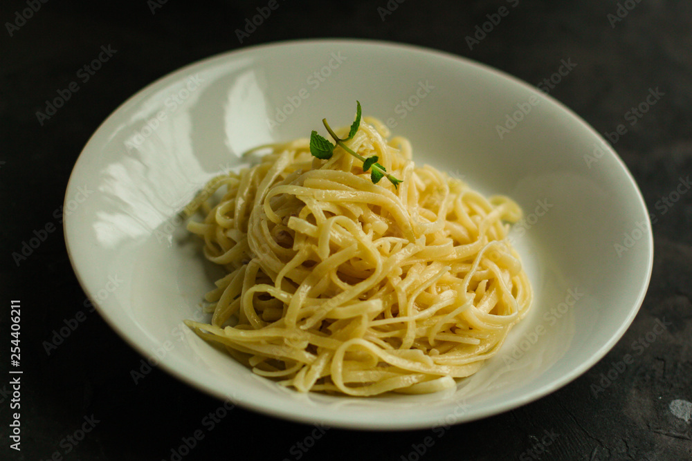 pasta, Spaghetti or Bucatini - portion. Italian food. top view