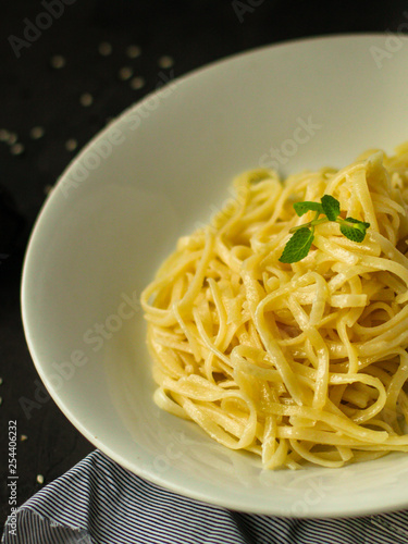 pasta, Spaghetti or Bucatini - portion. Italian food. top view