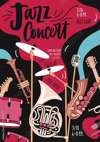 Flyer or invitation template for jazz music performance or concert with musical instruments and elegant lettering. Vector illustration in modern flat style for event promotion, advertisement.