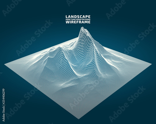 Abstract wireframe background. 3D grid technology illustration landscape. Digital Terrain Cyberspace in the Mountains with valleys. Data Array. | EPS10 Vector.