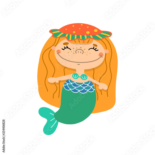 Beautiful little red-haired mermaid in a hat. Water nymph. Sea theme. Isolated vector illustration on a white background.