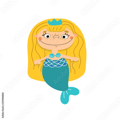 Beautiful little mermaid with long hair. Water nymph. Sea theme. Isolated vector illustration on a white background.