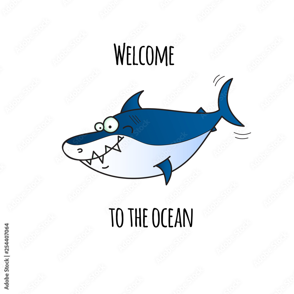 Obraz premium Vector image of a cartoon funny shark with inscription 