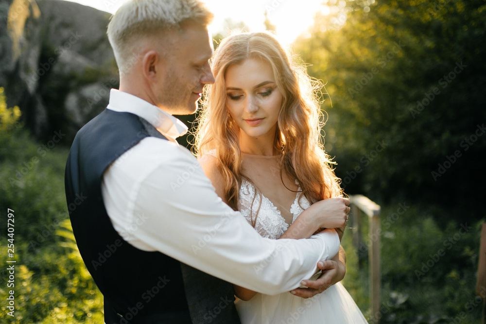 Beautiful wedding couple, bride and groom, in love on the background of mountains Beautiful wedding couple, bride and groom, in love on the background of mountains