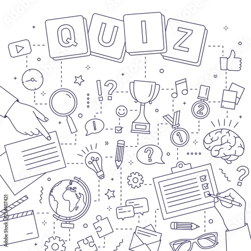 Square banner with hands of people solving riddles, answering quiz questions, taking part in intellectual competition drawn with contour lines on white background. Monochrome vector illustration.
