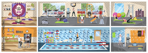 Gym building interior. Athletic people doing sport exercise