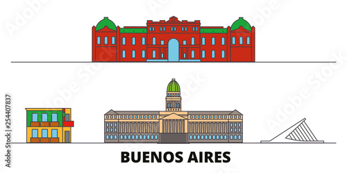 Argentina, Buenos Aires flat landmarks vector illustration. Argentina, Buenos Aires line city with famous travel sights, design skyline. 