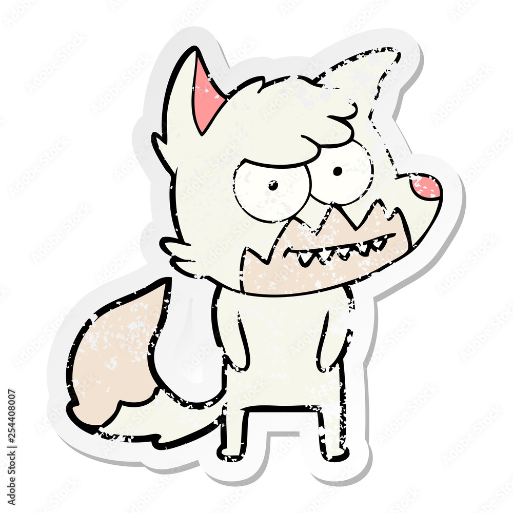 distressed sticker of a cartoon grinning fox distressed sticker of a cartoon grinning fox