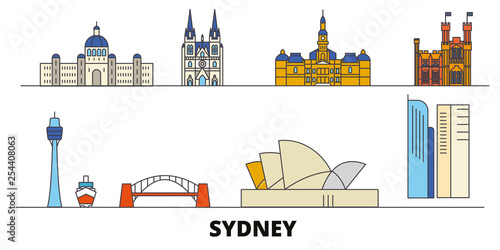 Australia, Sydney flat landmarks vector illustration. Australia, Sydney line city with famous travel sights, design skyline. 