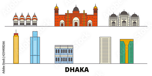 Bangladesh, Dhaka flat landmarks vector illustration. Bangladesh, Dhaka line city with famous travel sights, design skyline. 