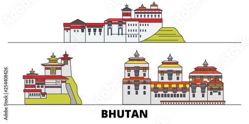 Bhutan flat landmarks vector illustration. Bhutan line city with famous travel sights, design skyline. 