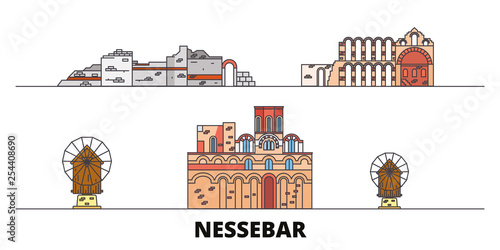 Bulgaria, Nessebar flat landmarks vector illustration. Bulgaria, Nessebar line city with famous travel sights, design skyline. 