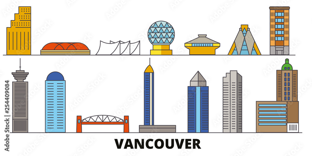 Fototapeta premium Canada, Vancouver flat landmarks vector illustration. Canada, Vancouver line city with famous travel sights, design skyline. 