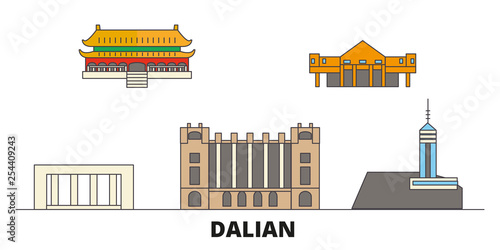 China, Dalian flat landmarks vector illustration. China, Dalian line city with famous travel sights, design skyline.  photo