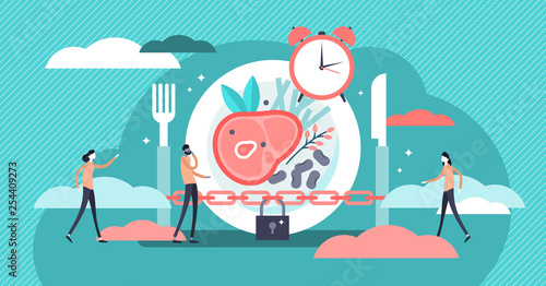 Fasting vector illustration. Flat tiny metabolism diet time person concept.