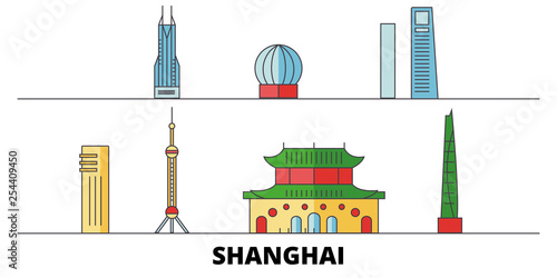 Photography China, Shanghai City flat landmarks vector illustration